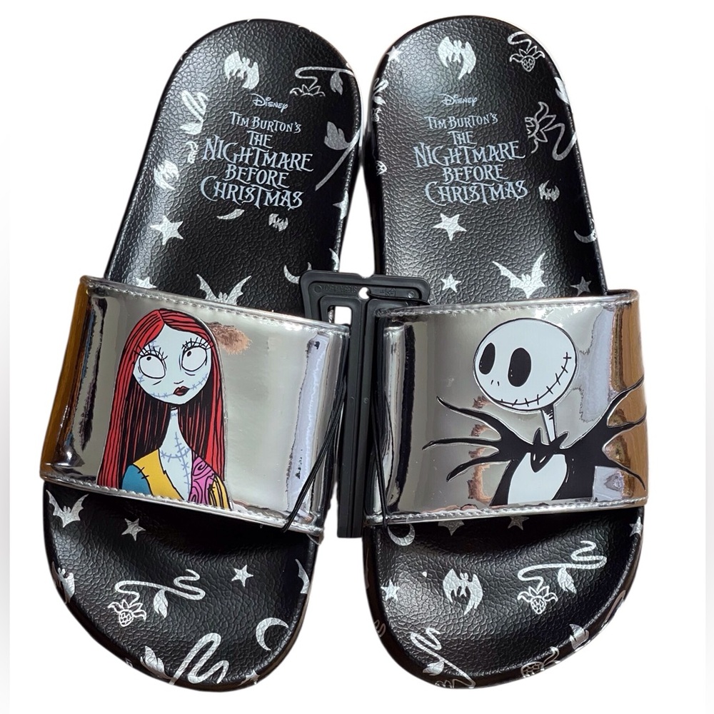 Nightmare before Christmas Jack Skellington & Sally metallic slides size 9 NWOT